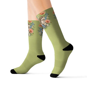 Floral Bouquet Sublimation Socks — Green Vintage Flower Crew Socks