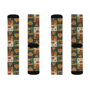 Autumn Patchwork Fox Socks — Cute Fall Animal Sublimation Crew Socks