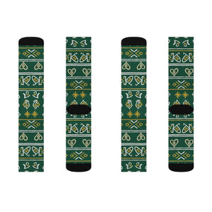 Green Nordic Heart Pattern Sublimation Socks — Festive Holiday Crew Socks