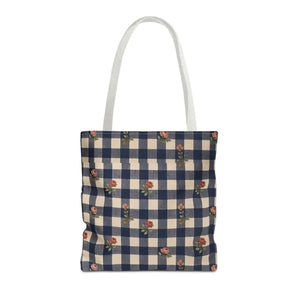Gingham Rose Tote Bag — Vintage Navy Check Floral All-Over Print Tote