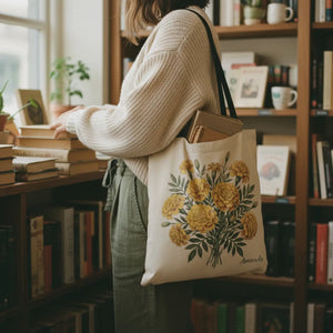 Marigold Bouquet Tote — Woven Cross‑Stitch Floral Tote Bag