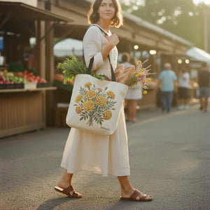 Marigold Bouquet Tote — Woven Cross‑Stitch Floral Tote Bag