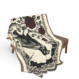 Perched raven detail from the DipaliZ gothic floral throw blanket