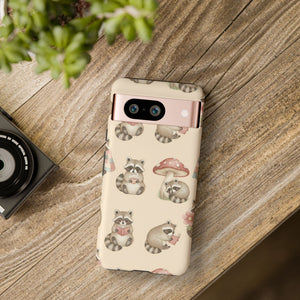 Cute Raccoon Pattern Phone Case – Beige Mushroom & Floral Tough Cases