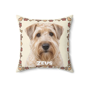 Personalized Dog Photo Pillow — Custom Pet Name "ZEUS" Square Throw Pillow, Cute Heart & Paw Border