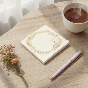 A stack of square cream-colored paper napkins featuring a watercolor-style floral wreath and a small white bunny on the top piece, shown on a clean white background.