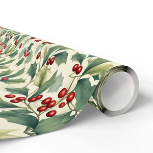 Holiday Holly Wrapping Paper Roll — Vintage Green & Red Mistletoe Pattern