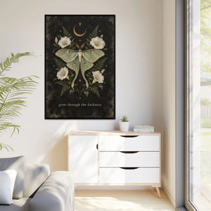 Framed canvas wall art luna moth “grow through the darkness” botanical decor - printable