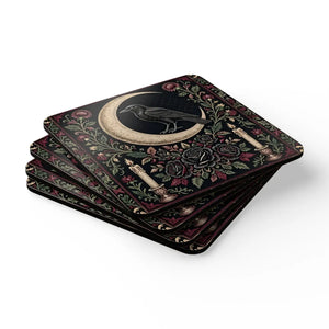 Moon Raven Cork Coaster Set — Gothic Floral Drink Coasters