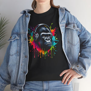 A Gorilla with a headphones with splashes of color, Unisex Heavy Cotton Tee