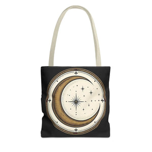 Celestial Crescent Moon Tote Bag – Vintage Starry Night AOP Canvas