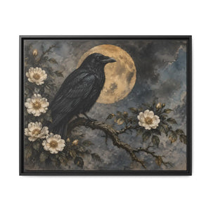 Framed canvas wall art – gothic raven and moon floral painting - printable