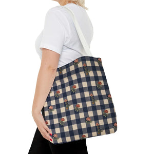 Gingham Rose Tote Bag — Vintage Navy Check Floral All-Over Print Tote
