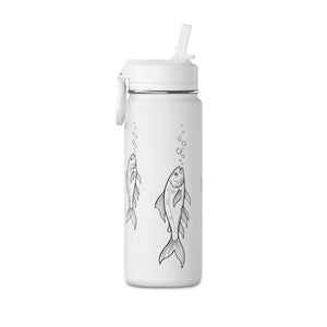 Ink-style fish drawing wrapping the curve of a DipaliZ water bottle