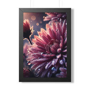 Chrysanthemum with dew drops framed vertical poster - posters