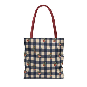 Gingham Rose Tote Bag — Vintage Navy Check Floral All-Over Print Tote