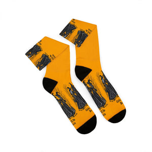 Witches Graphic Socks — Yellow Sublimation Crew Socks with “Girls will be girls” Design