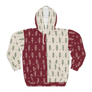 Holiday Split-Panel Hoodie — Burgundy & Cream Evergreen Pattern