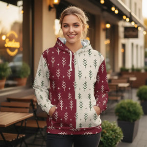 Holiday Split-Panel Hoodie — Burgundy & Cream Evergreen Pattern