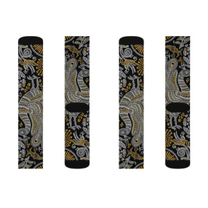 Paisley Pattern Sublimation Socks – Black & Gold Paisley Crew Socks