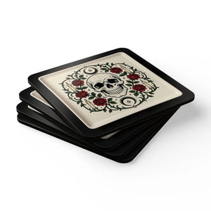 Skull & Roses Corkwood Coaster Set – Gothic Floral Drink Coasters