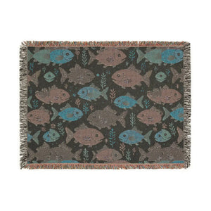 Fish Pattern Woven Blanket – Nautical Coastal Throw with Colorful School of Fish Design
