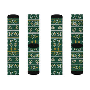 Green Nordic Heart Pattern Sublimation Socks — Festive Holiday Crew Socks