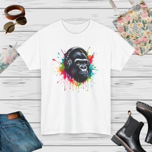 A Gorilla with a headphones with splashes of color, Unisex Heavy Cotton Tee