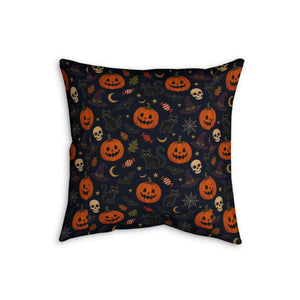 Halloween Pumpkin & Skull Faux Linen Pillow — Spooky Jack-o'-Lantern Decorative Cushion