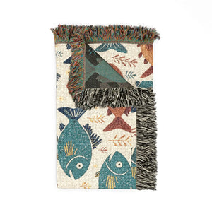 Fish Pattern Woven Blanket – Nautical Coastal Throw with Colorful School of Fish Design