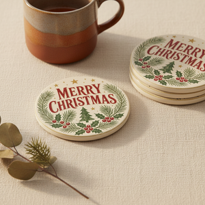 Merry Christmas Ceramic Coaster — Festive Pine & Holly Holiday Drink Coaster