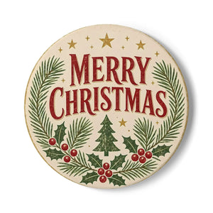 Merry Christmas Ceramic Coaster — Festive Pine & Holly Holiday Drink Coaster