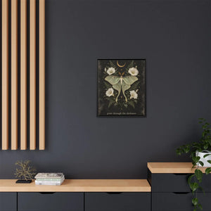 Framed canvas wall art luna moth “grow through the darkness” botanical decor - printable