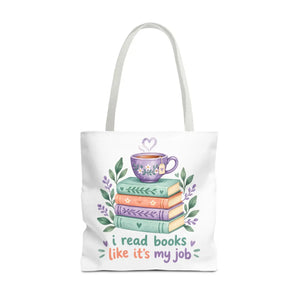 Book Lover Tote Bag — “I Read Books Like It’s My Job” Illustrated Stack & Tea