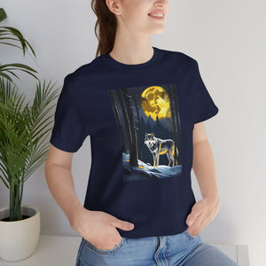 A wolf in a moonlit forest with a full moon, Unisex Jersey Short Sleeve Tee