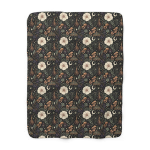 Celestial Floral Sherpa Blanket — Cozy Moon & Mushroom Fleece Throw