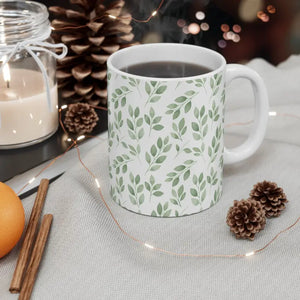 Green Leaf Ceramic Mug - Hand-painted Botanical Design - Dipaliz - 11oz - Mugs