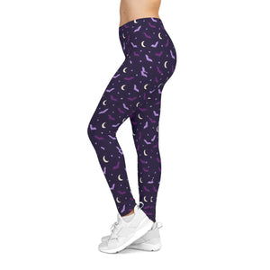 Moon & Bat Halloween Leggings — Purple Night Sky All-Over Print