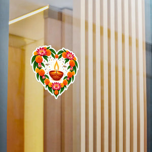 Heart-shaped diya and marigold floral vinyl decal - home decor decals