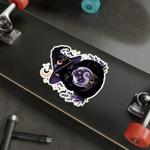 Mystical witch cat crystal ball kiss-cut vinyl decal - home decor decals
