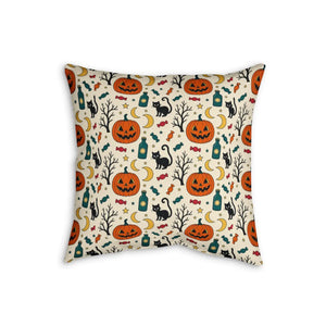 DipaliZ pumpkin and black cat pillow at 20 by 20 inches in faux linen