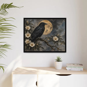 Framed canvas wall art – gothic raven and moon floral painting - printable