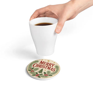 Merry Christmas Ceramic Coaster — Festive Pine & Holly Holiday Drink Coaster