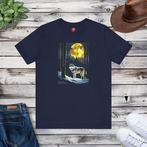 A wolf in a moonlit forest with a full moon, Unisex Jersey Short Sleeve Tee