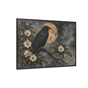 Framed canvas wall art – gothic raven and moon floral painting - printable