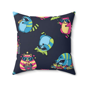 Cute Neon Raccoon Pattern Square Pillow — Colorful Cartoon Accent Cushion