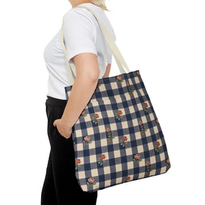 Gingham Rose Tote Bag — Vintage Navy Check Floral All-Over Print Tote