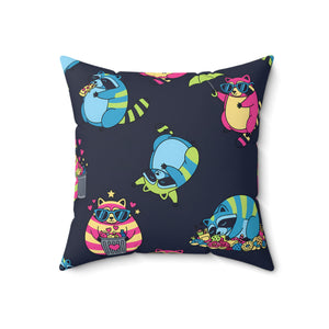 Cute Neon Raccoon Pattern Square Pillow — Colorful Cartoon Accent Cushion