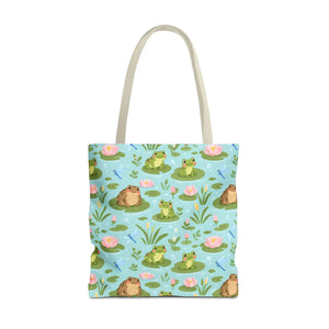 Frog Pond Pattern Tote Bag — Cute Lily Pad Frog All-Over Print Tote