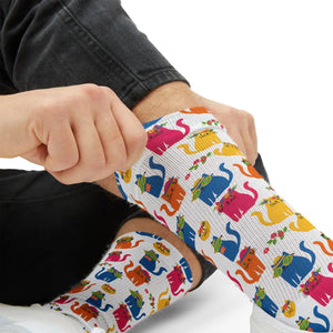 Colorful Cat Pattern Sublimation Socks — Cute Novelty Crew Socks for Cat Lovers